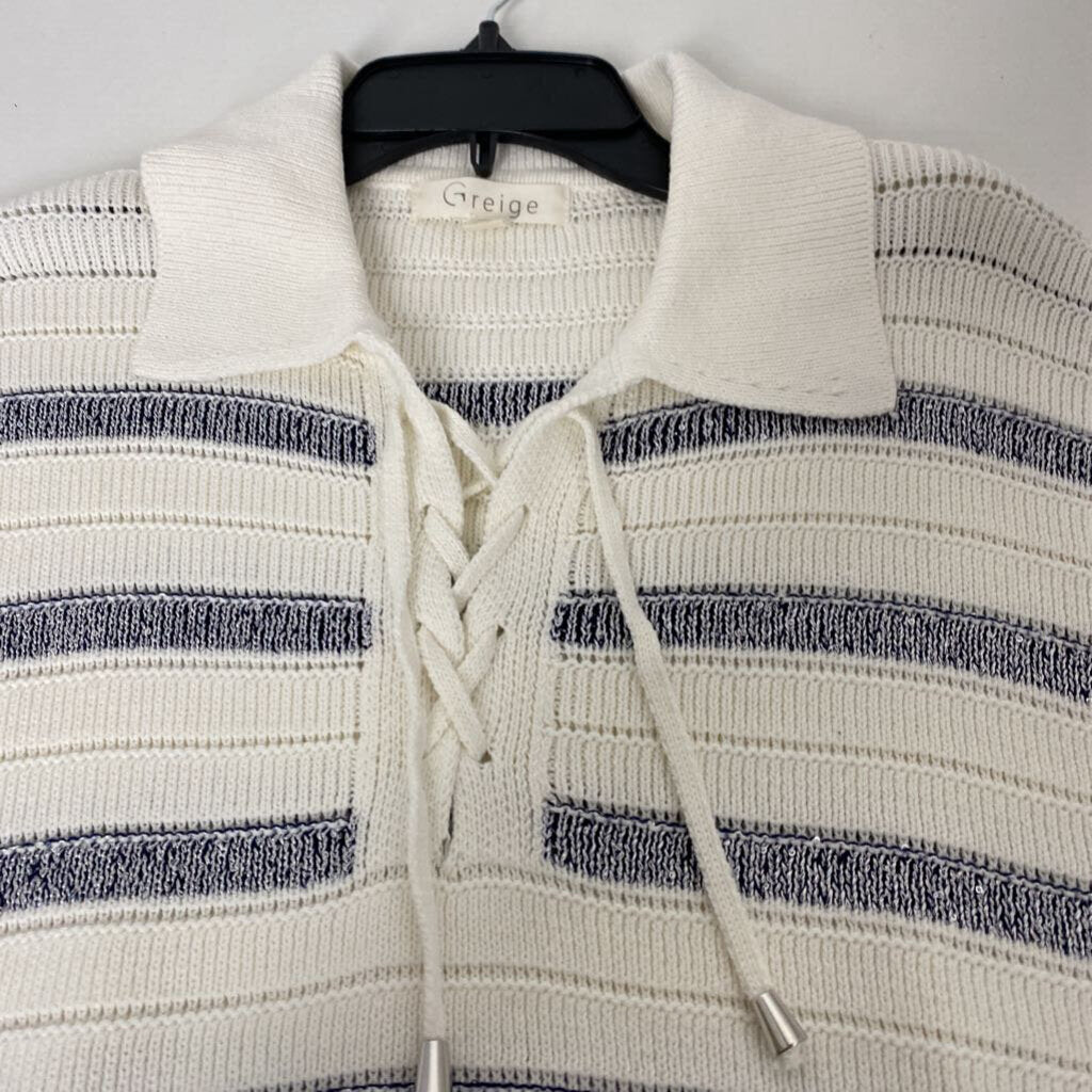 COLLARED SHORT SLEEVE STRIPED SWEATER