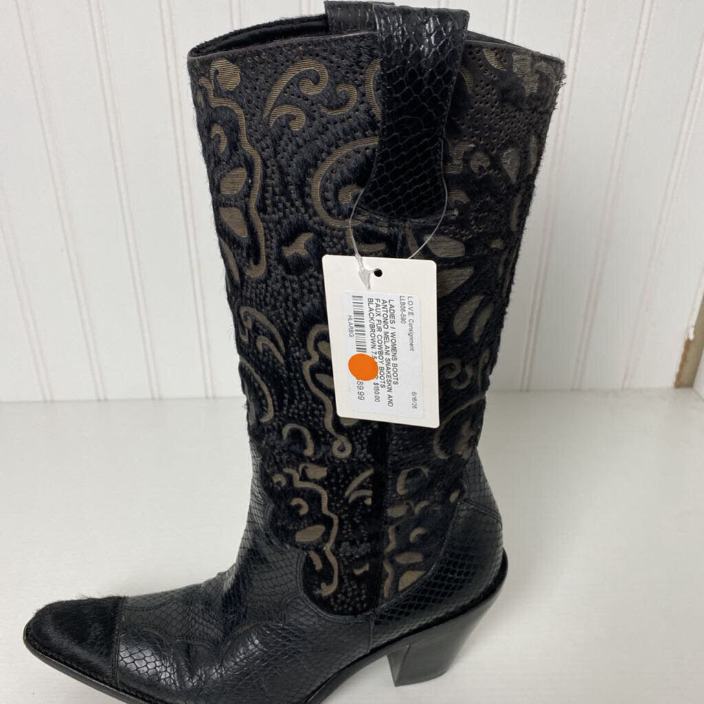 SNAKESKIN AND FAUX FUR COWBOY BOOTS