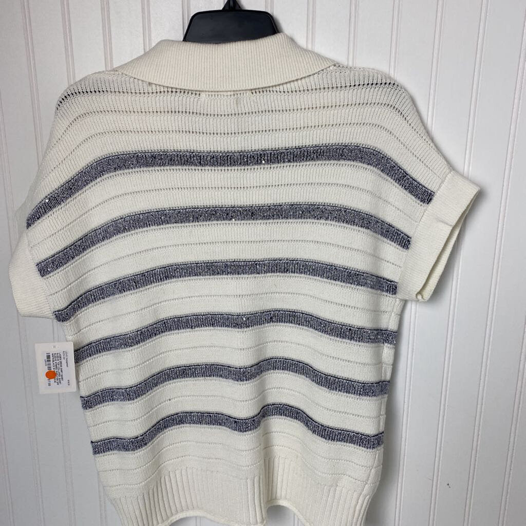 COLLARED SHORT SLEEVE STRIPED SWEATER