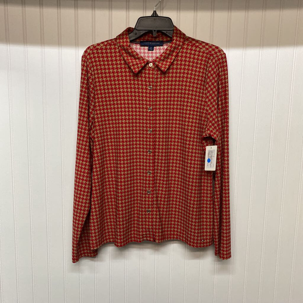 HOUNDSTOOTH COLLARED LONG SLEEVE BUTTON UP TOP