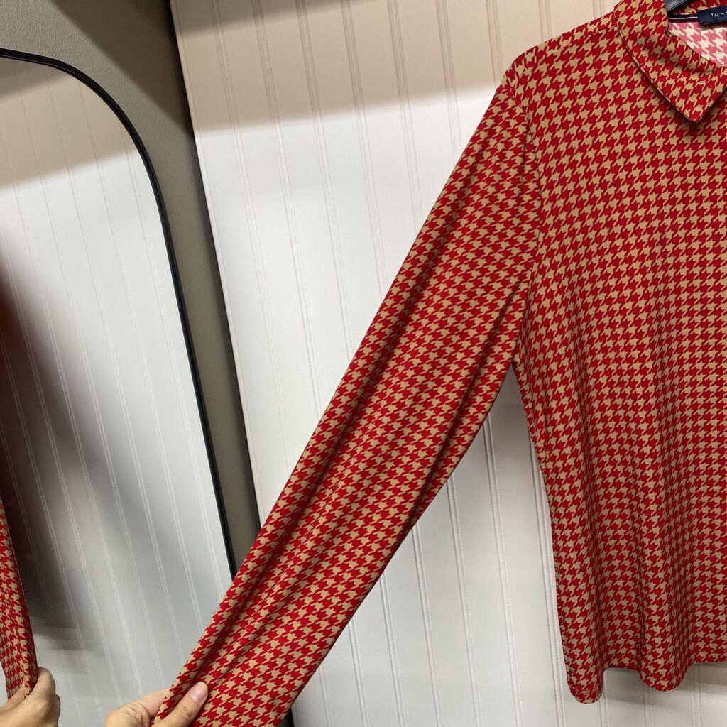 HOUNDSTOOTH COLLARED LONG SLEEVE BUTTON UP TOP