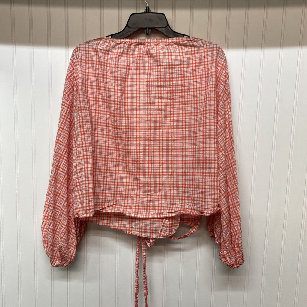LONG SLEEVE PLAID V NECK WRAP TOP