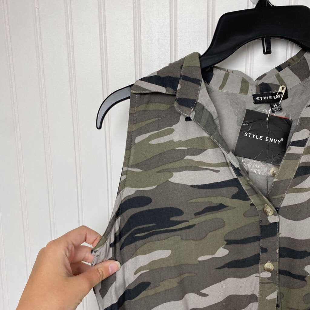 CAMO TIE WAIST BUTTON DOWN