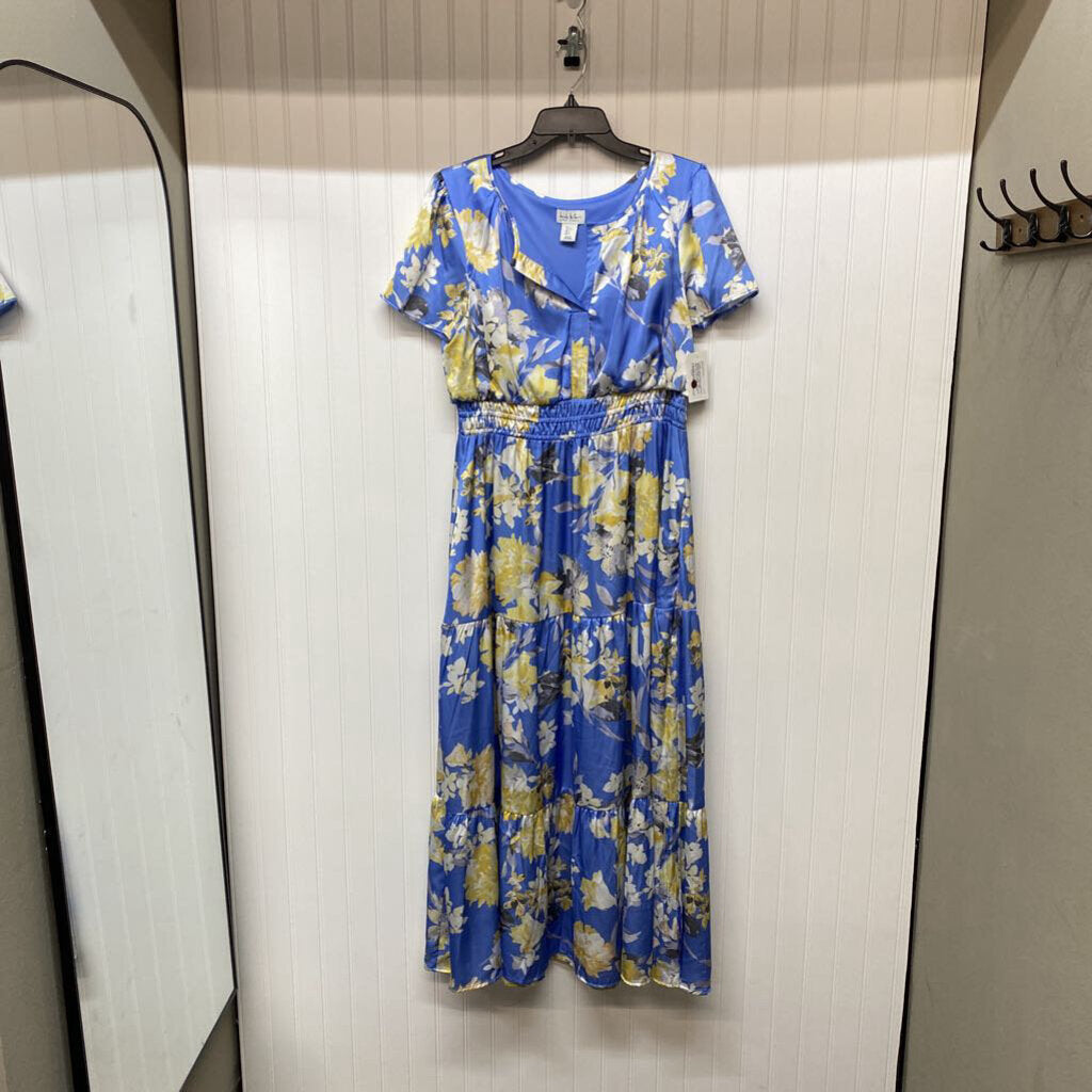 * HIGH END BRAND*LONG DRESS WITH BLUE AND YELLOW FLORAL PRINT