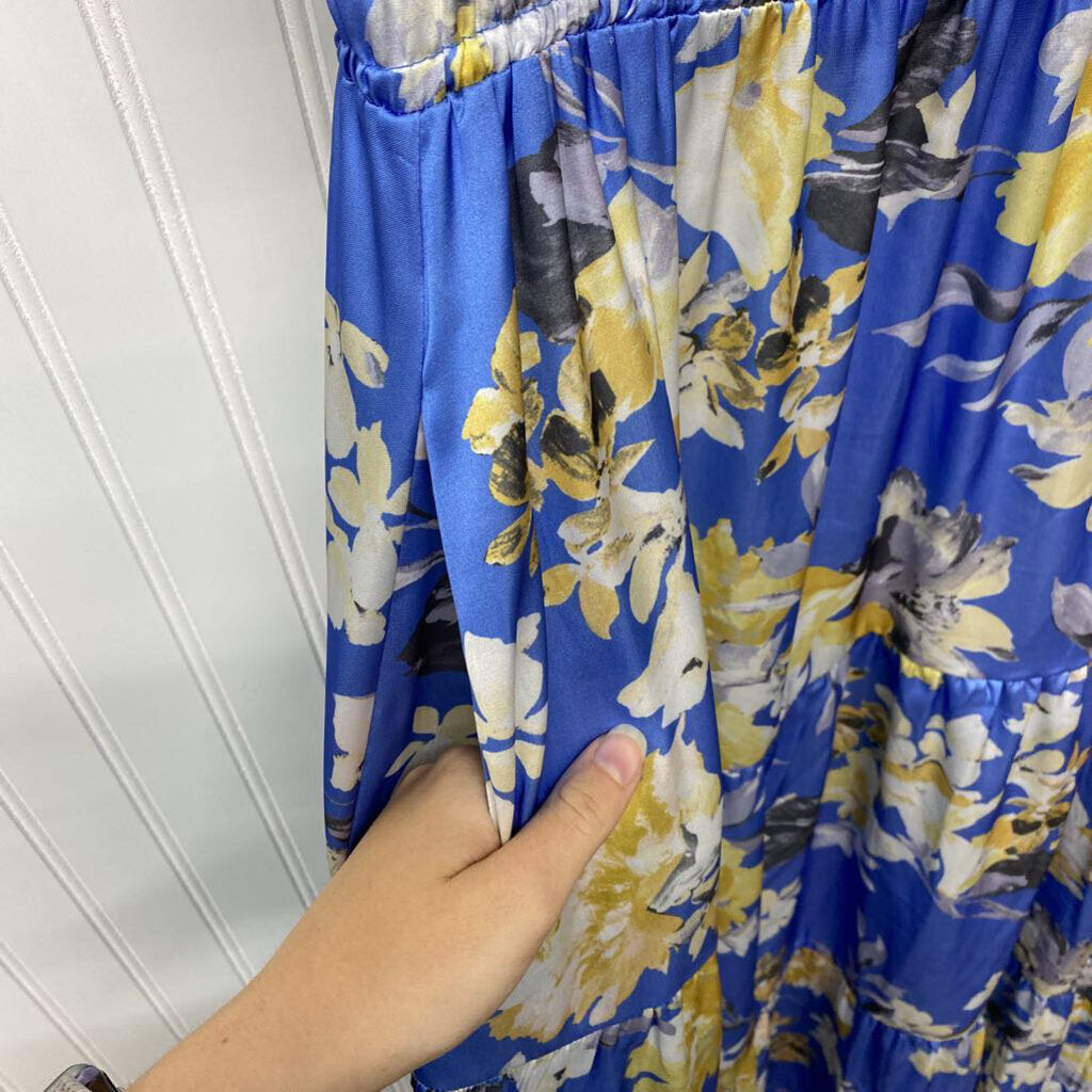 * HIGH END BRAND*LONG DRESS WITH BLUE AND YELLOW FLORAL PRINT