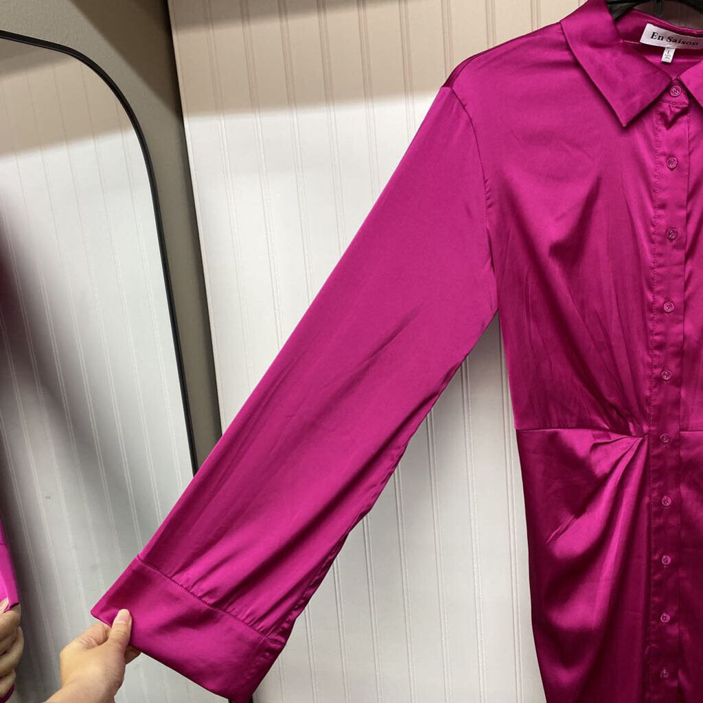 *SHORT DRESS BUTTON UP LONG SLEEVE SATIN