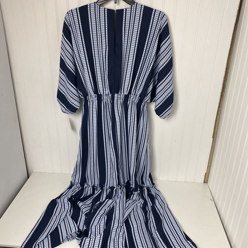 DEEP VNECK S/S VERTICAL STRIPE ELASTIC WAIST BAND