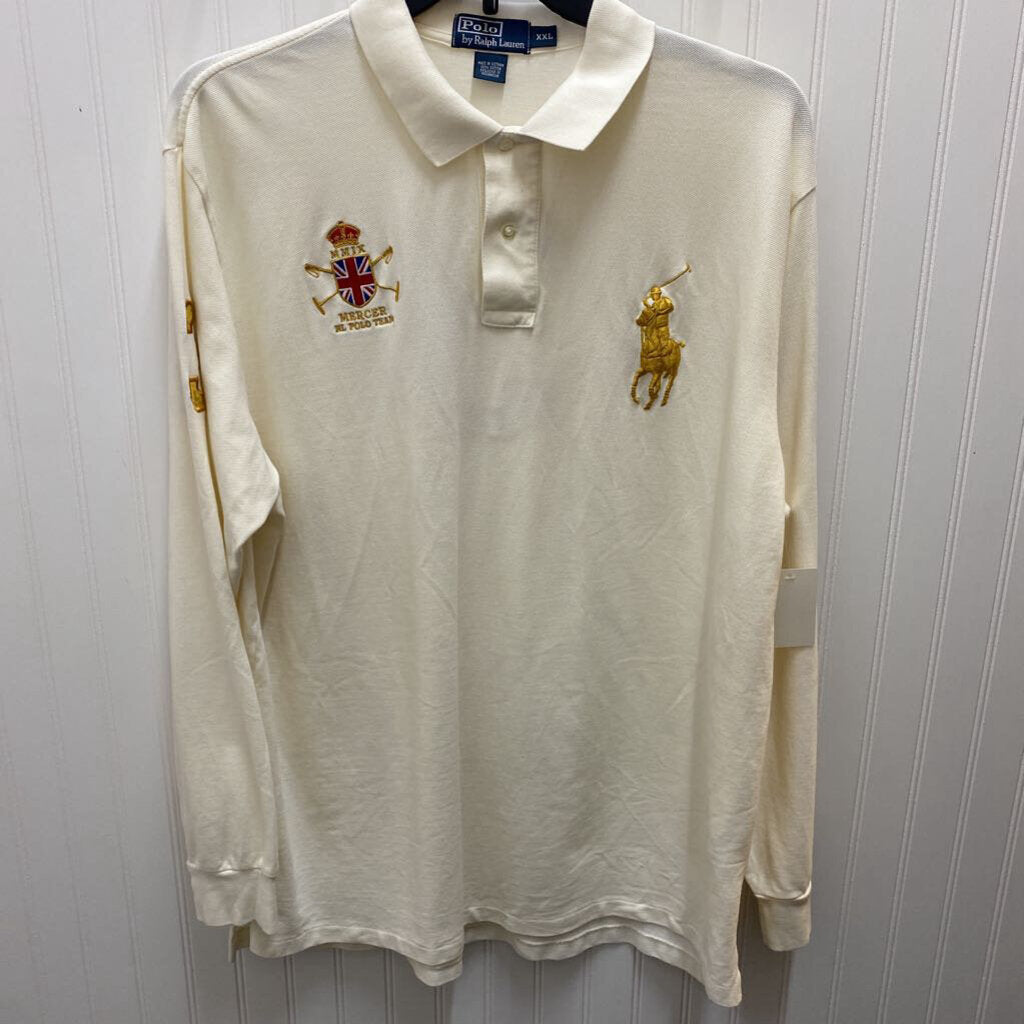 *L/S WHITE GRAPHIC POLO WITH EMBRODIERY GOLD PONY