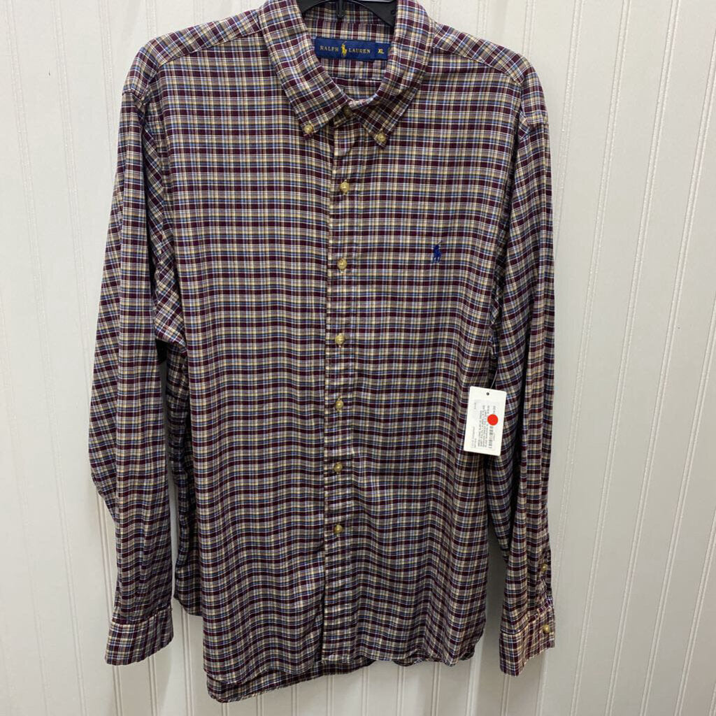 L/S PLAID MAROON DRESS POLO SHIRT