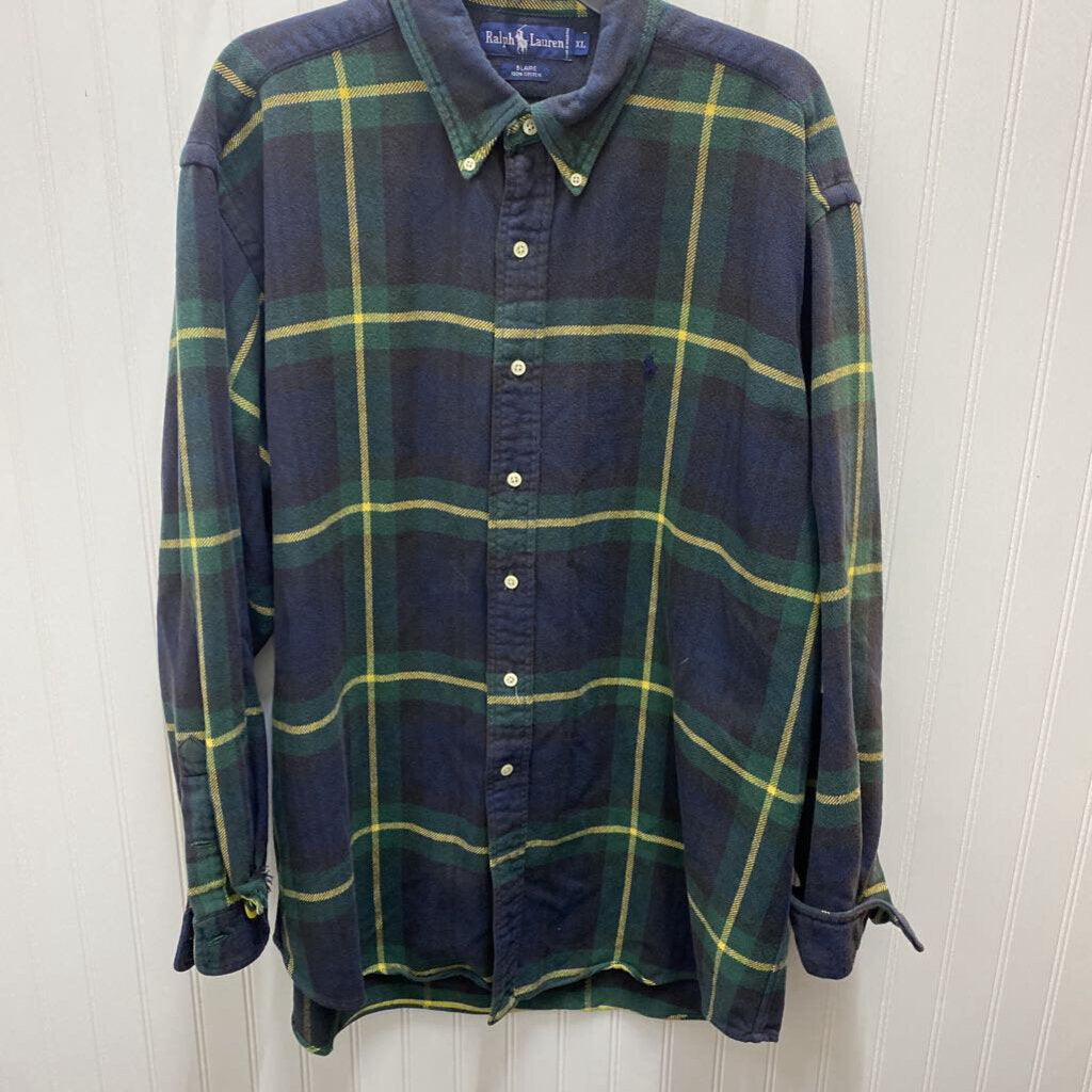 L/S PLAID BLUE/GREEN/YELLOW DRESS POLO SHIRT