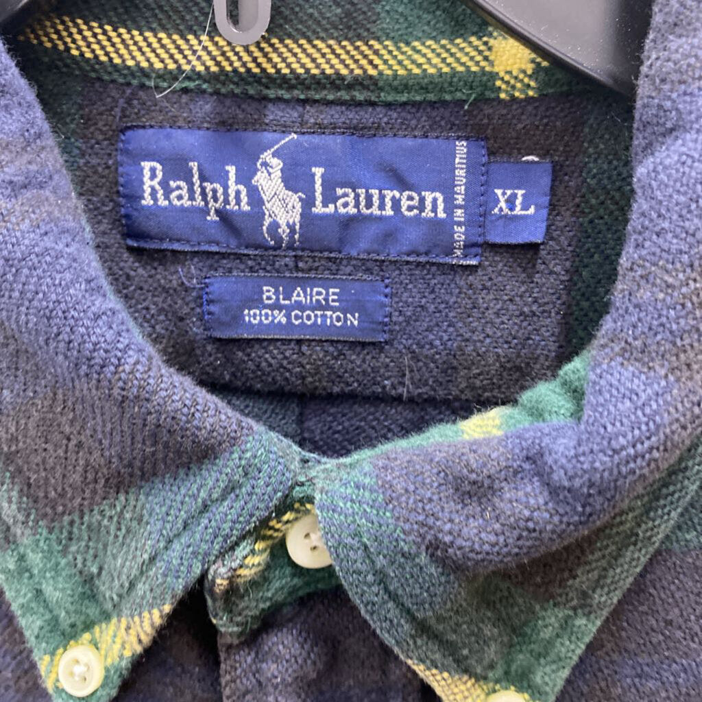 L/S PLAID BLUE/GREEN/YELLOW DRESS POLO SHIRT