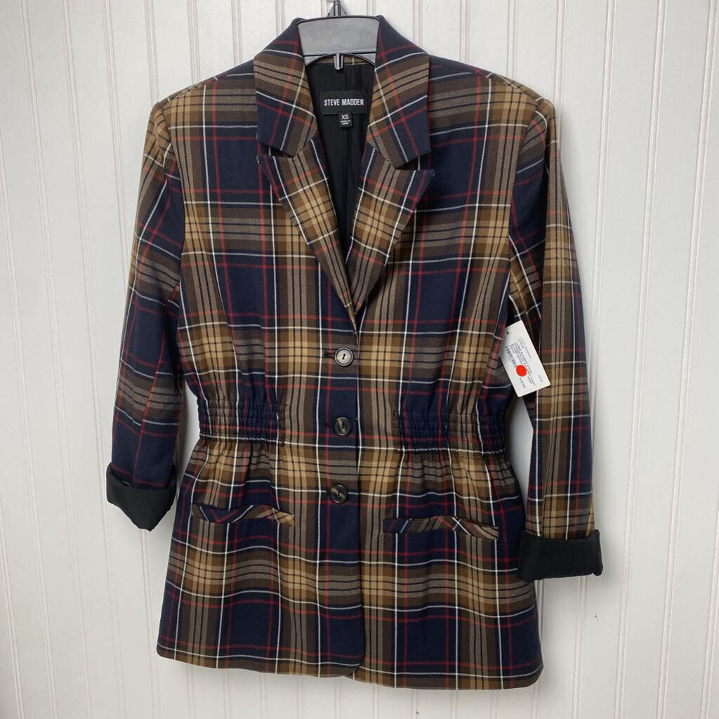 PLAID GATHERED WAIST BLAZER