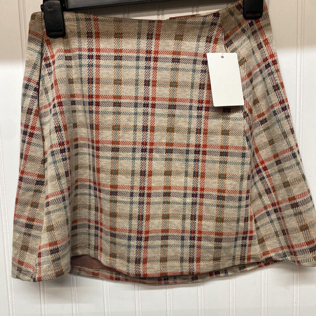 *TAN/ ORANGE PLAID KNIT SHORT SKIRT