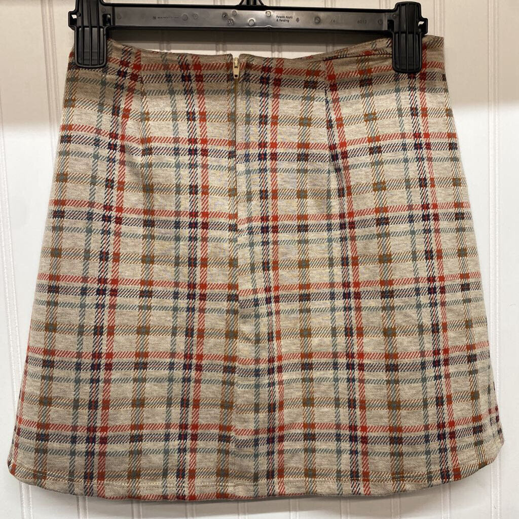 *TAN/ ORANGE PLAID KNIT SHORT SKIRT