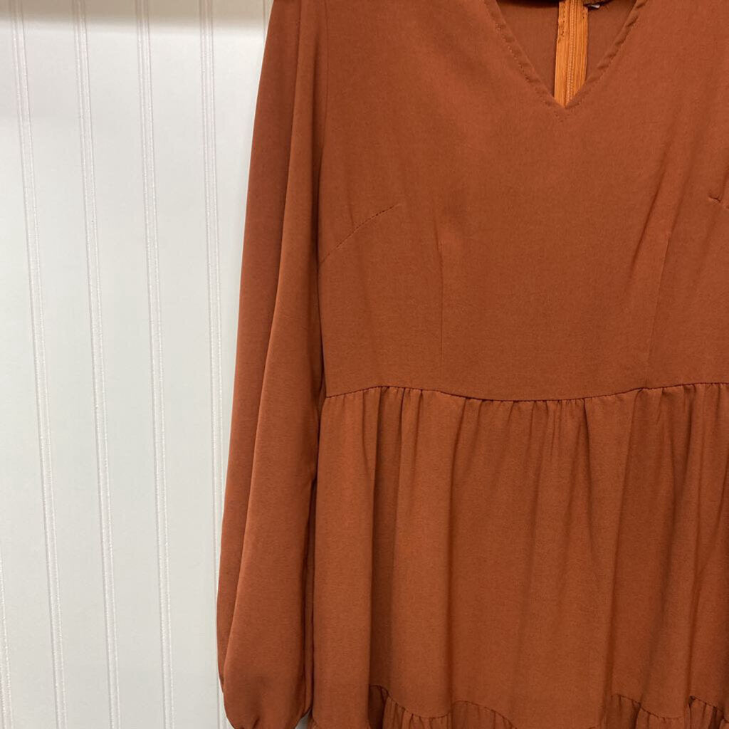 *L/S TEIR RUFFLE SOLID RUST DRESS