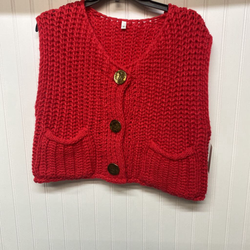 RED SWEATER VEST WITH BROWN BUTTONS