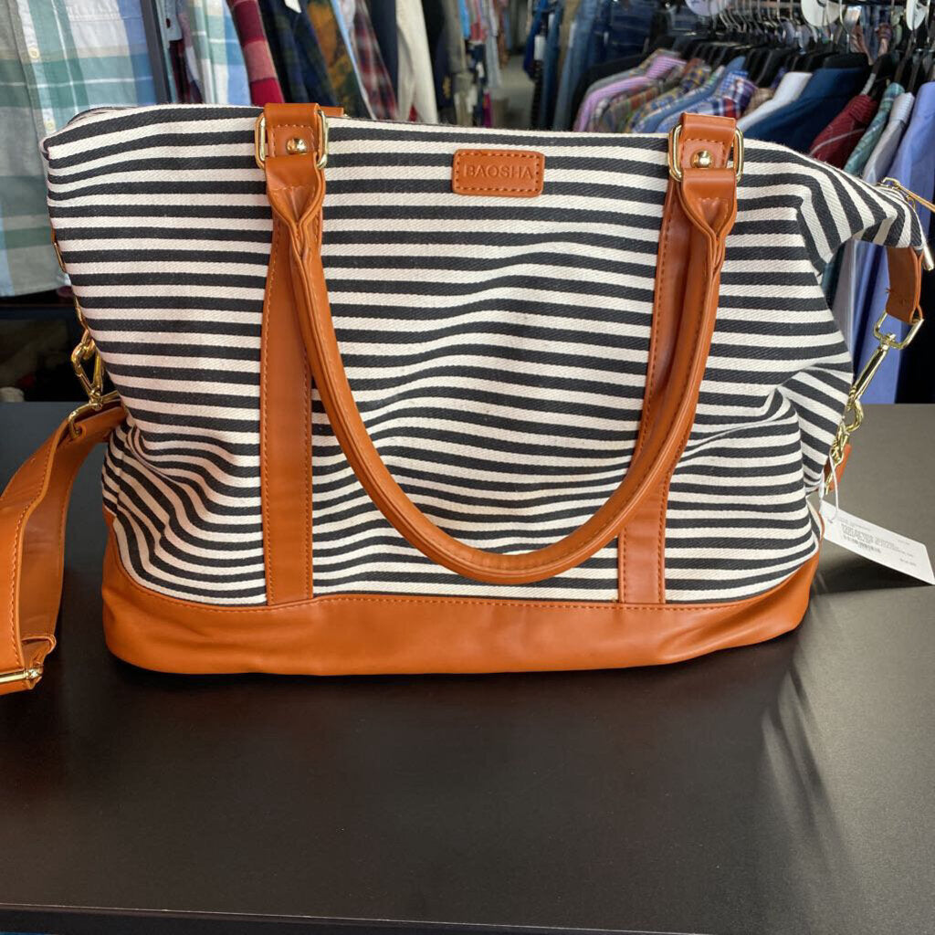 *STRIPED CANVAS TOTE WITH FAUX LEATHER TRIM