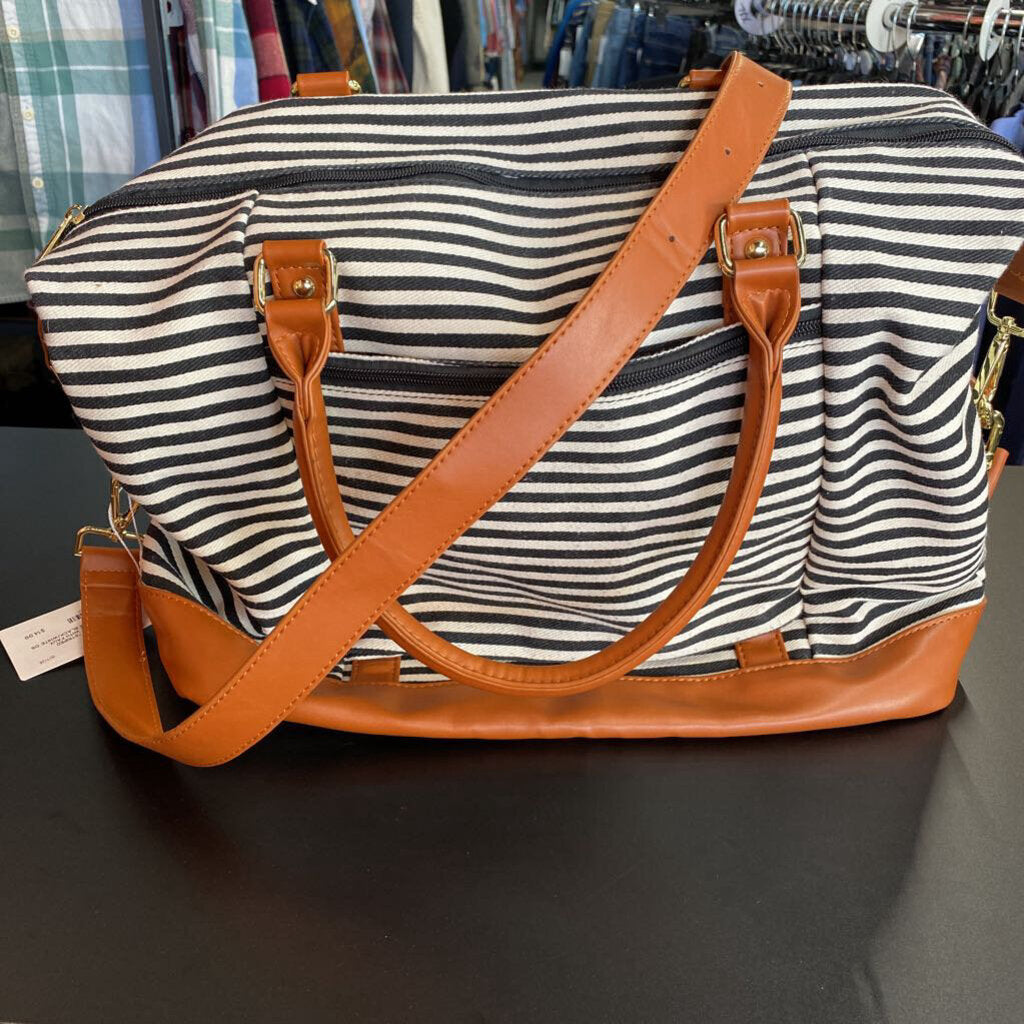 *STRIPED CANVAS TOTE WITH FAUX LEATHER TRIM