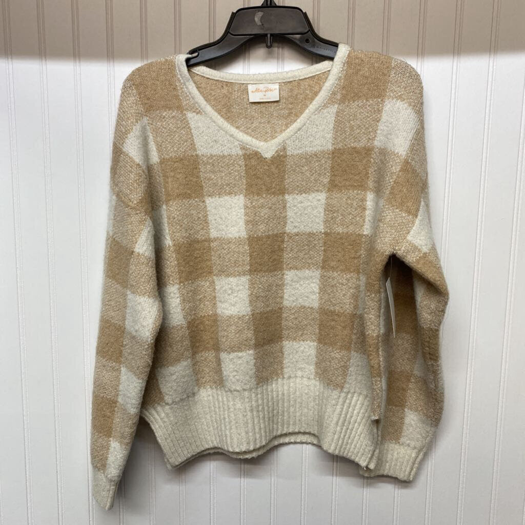 TAN AND CREAM CHECKED V NECK