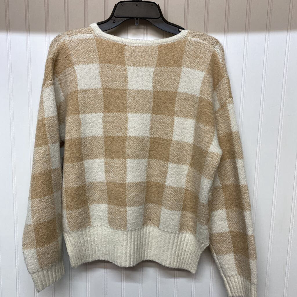 TAN AND CREAM CHECKED V NECK