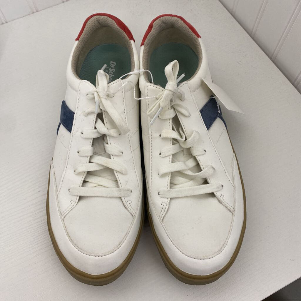 *WHITE LACE UP SNEAKERS WITH BLUE/RED ACCENTS
