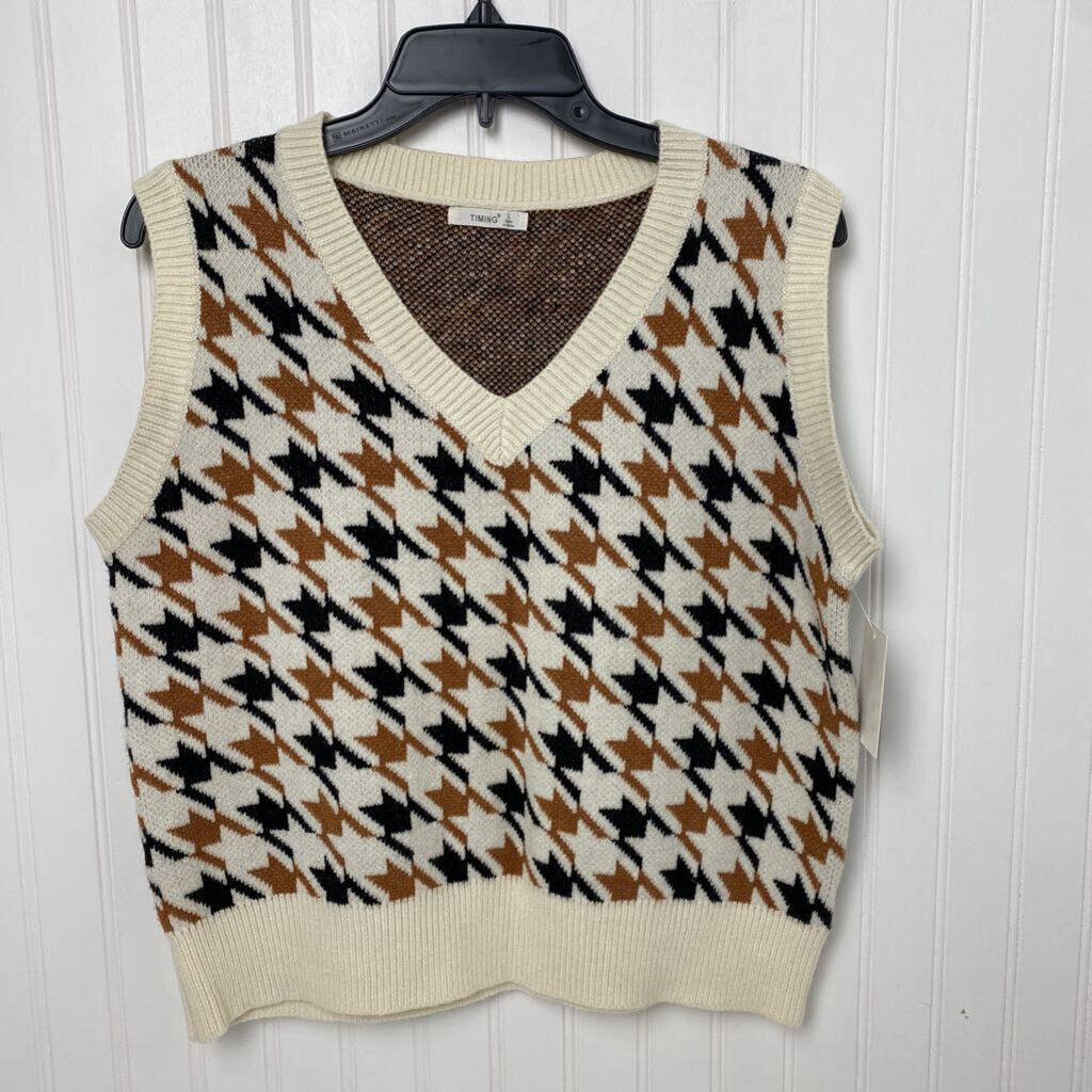 *HOUNDSTOOTH V NECK SLEEVELESS SWEATER