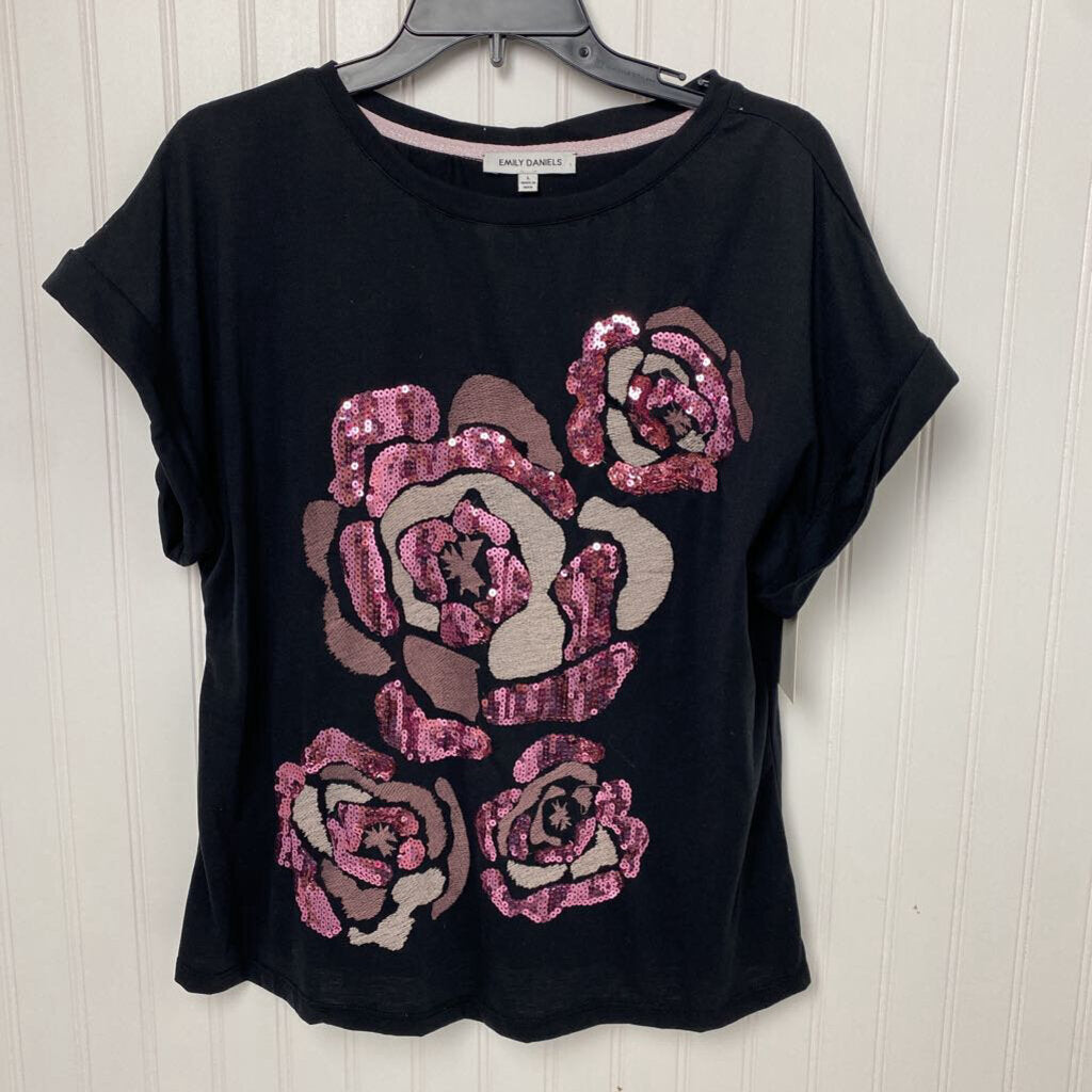 *SEQUIN ROSE CUFFED SLEEVE SHIRT